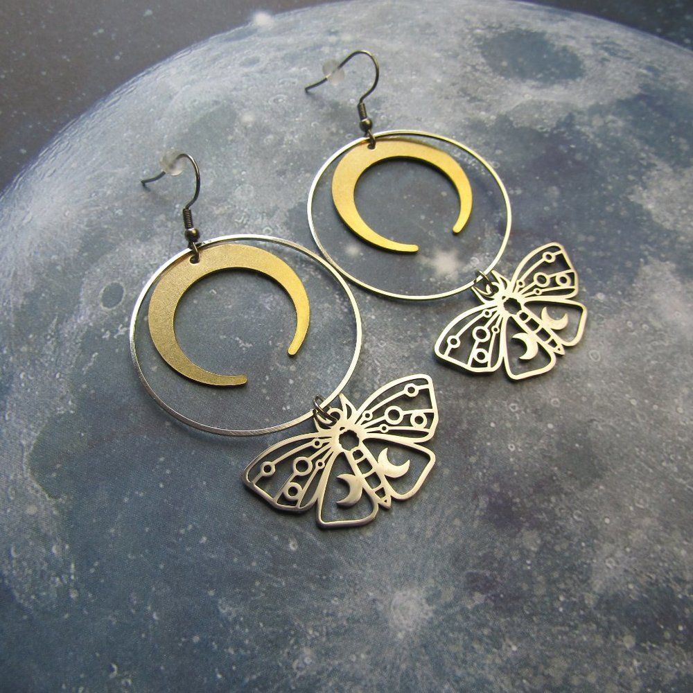 Dark Cottage Lunar Witch Dangle Earrings Stunning Crescent Moon Moth Design